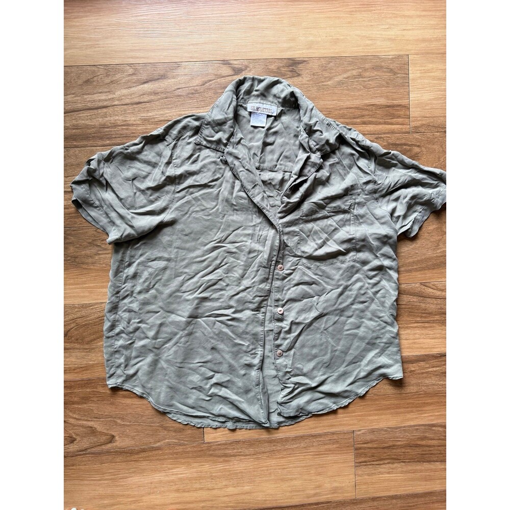 Vintage Silhouettes 100% Silk Olive Button Shirt Plus Size 2X 3X Oversized